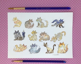 Kits and catz jive watercolour Illustration / original artwork / unique A5 sized original design