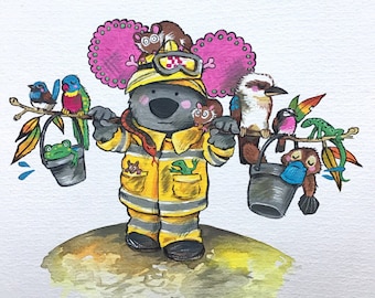 The Bucket Heist Art Print / Pinkoala Illustration print/ Save Wildlife fundraiser artwork/ Wall art