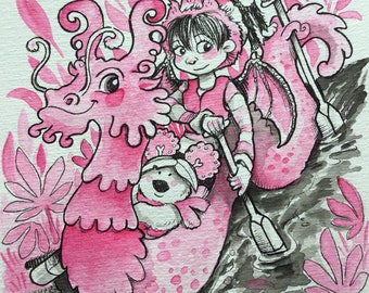 Dragon Art Print/ Dragon Boating themed illustration/ Breast cancer awareness watercolour