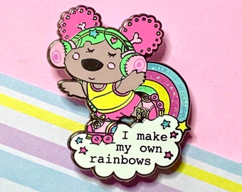 Rainbow Skater Enamel pin/ Pinkoala/ Koala Hard Enamel Pin/ Retro Style Skate Pin / Roller Skate Lapel Pin/ Glitter Rainbow Pin