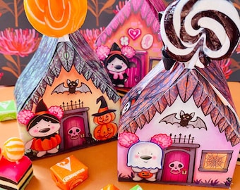 Set of three Halloween Houses/ Pinkoala’s village/ Trick or Treat Boxes/ Halloween party favours/ Halloween DIY craft project decoration