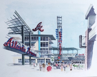 May include: A watercolor painting of a baseball stadium entrance with a red and blue "Atlanta Braves" sign, a red "A" logo, and a red "Chop House" sign. There are people walking in the foreground.