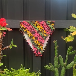 Vintage Dead Stock 80s Ultra Bright Neon Tropical &#39;Geo Tribal&#39; High Waist Hi Cut Bikini / Swim Bottoms - NEVER WORN