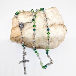 Handcrafted Silver Rosary: Green Glass Gada Beads, 17in