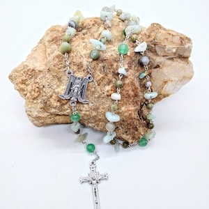 The Stone Quilt Rosary: A beautiful 15-in long hodgepod piece made of quartz, Jasper, feldspar, and other pastel crystalline Stone