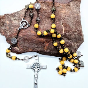 The Royal Jelly Rosary: A beautiful 22 inch long beeswax topaz and bronze tone charm Rosary