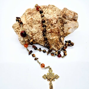 The Helios Rosary: A passionate 15in long tiger&#39;s eye, agate, and petrified wood rosary