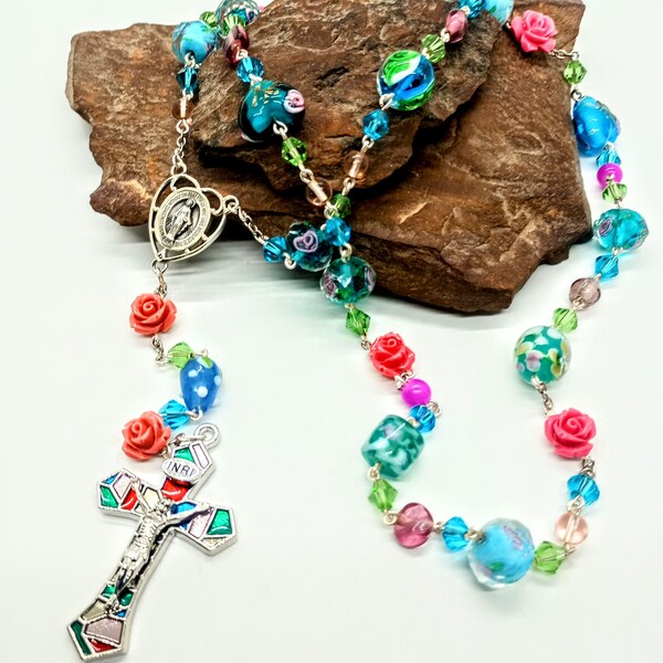 Rose rosary, lampwork glass rosary, blue rosary, Christian meditation beads,