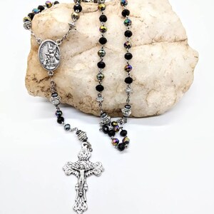 Iridescent Black Glass Rosary: Handmade Metal Charm Prayer Beads
