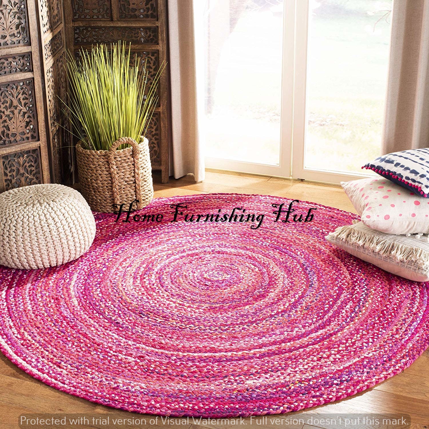 Rug 100% Natural Jute Bohemian Reversible Round Area Dhurrie Carpet Mat Rag Rug 