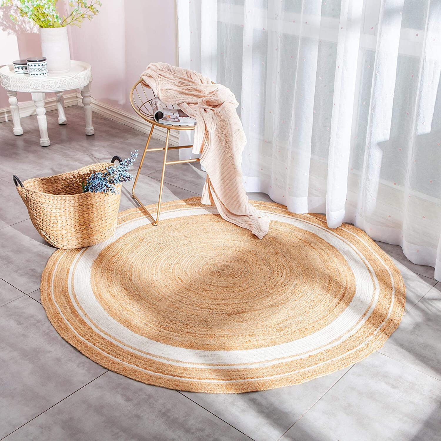 Hand Woven Classic Jute Rug 70 cm Round Natural Fibres Reversible Carpet 