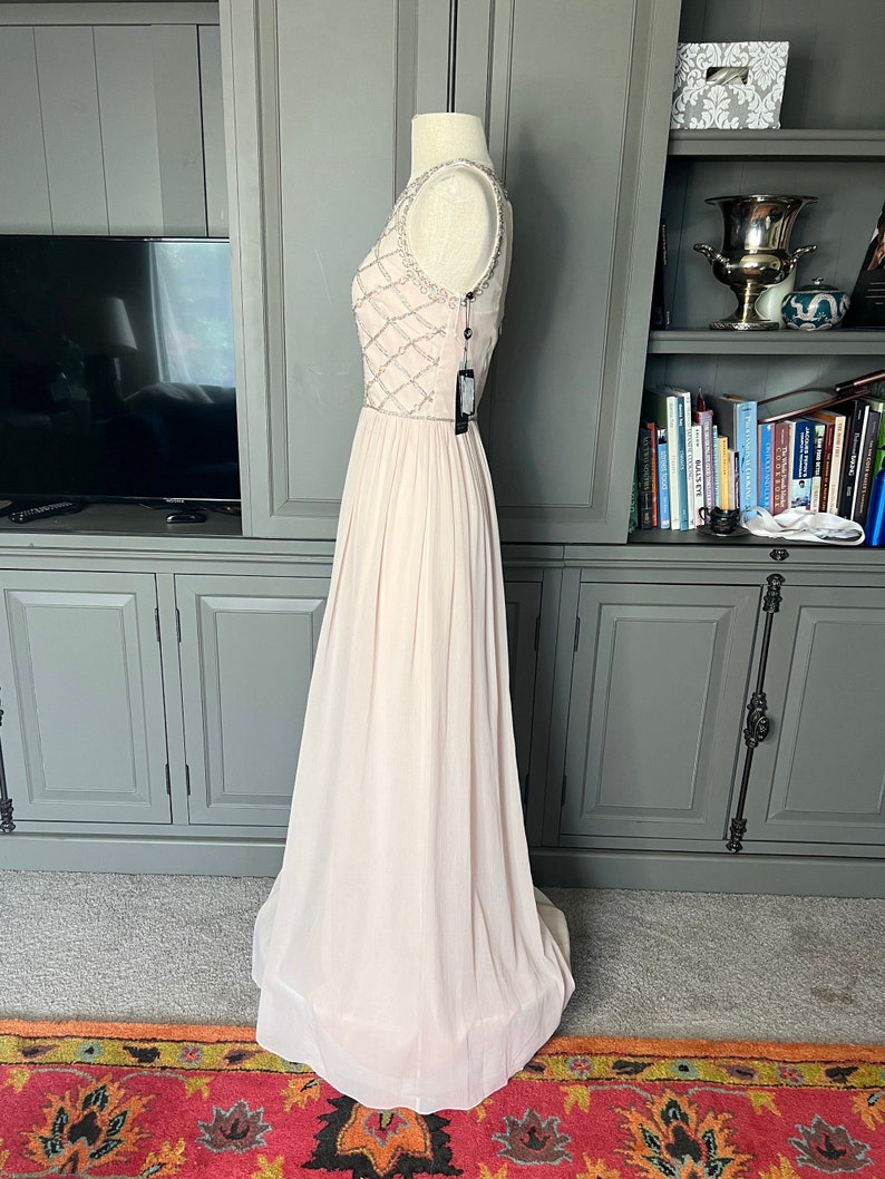 Puede incluir: Un vestido de noche rosa p&aacute;lido exhibido en un maniqu&iacute;. El corpi&ntilde;o presenta un dise&ntilde;o de cuentas y la falda llega hasta el suelo. Una etiqueta cuelga del vestido. El vestido se exhibe frente a un armario gris y una alfombra estampada.
