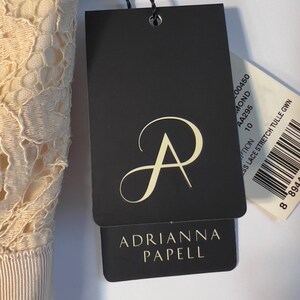 May include: A close-up of a cream-colored lace dress with a tag from Adrianna Papell. The tag is black with the brand's logo and name in gold. A smaller tag with a barcode is also visible.