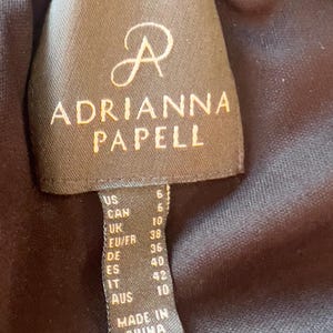 Puede incluir: Etiqueta negra de Adrianna Papell con informaci&oacute;n de tallas. La etiqueta muestra la talla US 6, CAN 6, UK 10, EU/FR 38, DE 36, ES 40, IT 42 y AUS 10. La etiqueta est&aacute; hecha en China.