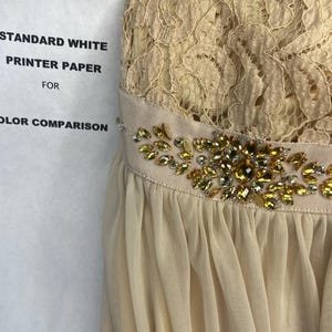 Op de afbeelding: Een beige kanten jurk met een kralenversiering rond de taille. De jurk is gemaakt van een transparante stof en heeft een zwierige silhouet.