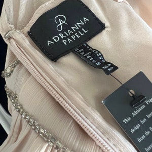 Puede incluir: Un vestido rosa p&aacute;lido con escote de cuentas y cremallera. El vestido tiene una etiqueta que dice "ADRIANNA PAPELL". El vestido est&aacute; hecho de una tela suave y fluida, talla 40.