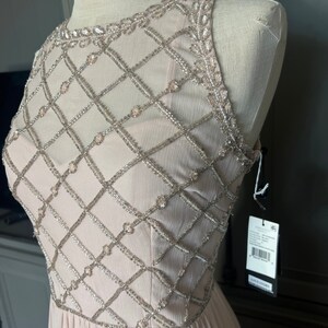 Puede incluir: Un vestido de fiesta color rubor con un corpi&ntilde;o con cuentas. El vestido sin mangas presenta un patr&oacute;n de diamantes de cuentas y cristales plateados. El escote y las correas tambi&eacute;n est&aacute;n adornados con cuentas. La falda es un dise&ntilde;o fluido y plisado.