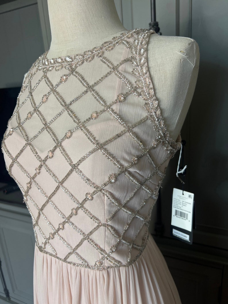 Puede incluir: Un vestido de fiesta color rubor con un corpi&ntilde;o con cuentas. El vestido sin mangas presenta un patr&oacute;n de diamantes de cuentas y cristales plateados. El escote y las correas tambi&eacute;n est&aacute;n adornados con cuentas. La falda es un dise&ntilde;o fluido y plisado.