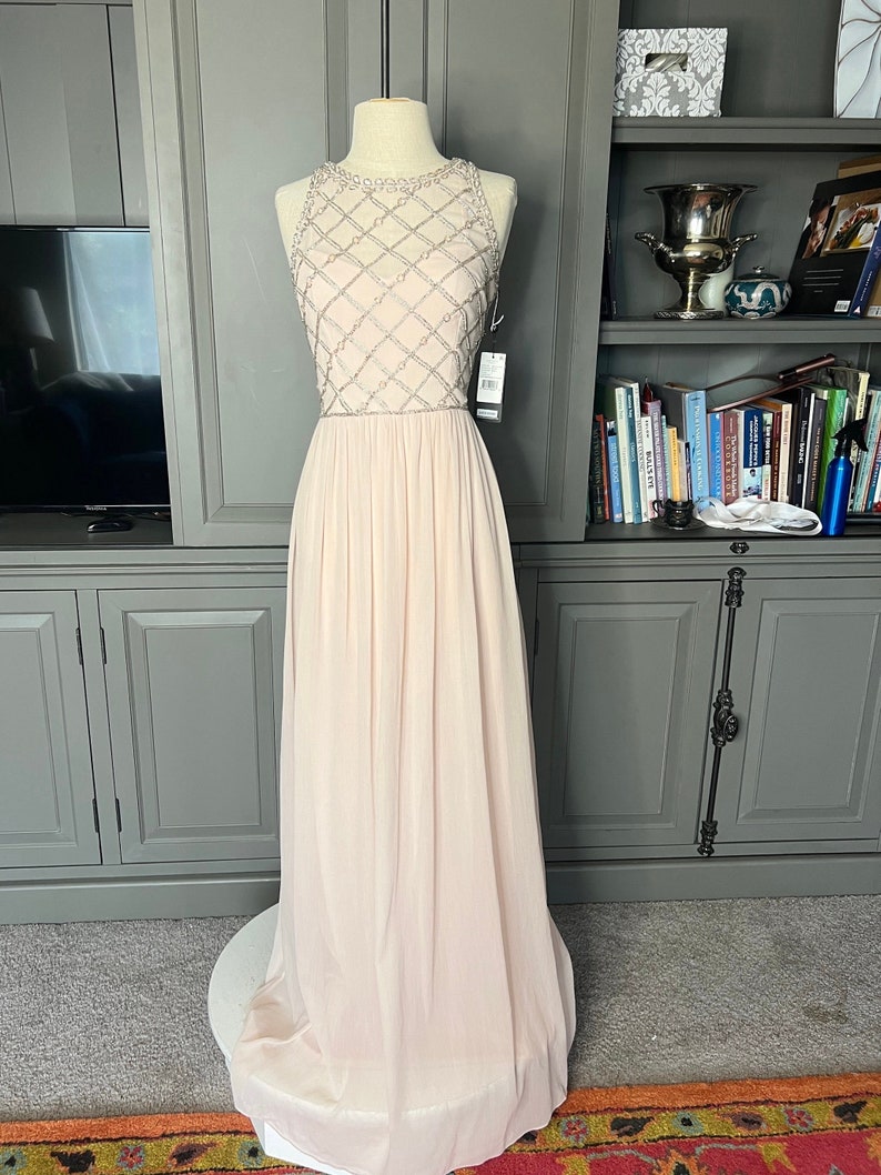 Puede incluir: Un vestido de noche rosa p&aacute;lido sobre un maniqu&iacute;. El corpi&ntilde;o presenta un dise&ntilde;o de diamantes con cuentas, que se transforma en una falda plisada y fluida. El vestido tiene un cuello halter y una etiqueta adjunta. El vestido se exhibe sobre un pedestal blanco.