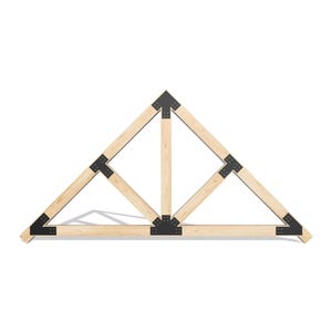 May include: A wooden roof truss with black metal brackets. The truss is made of four pieces of wood that are joined together at the corners with the brackets.
