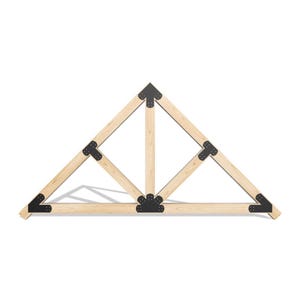May include: A wooden roof truss with black metal corner brackets. The truss is made of four pieces of wood that are joined together at the corners.