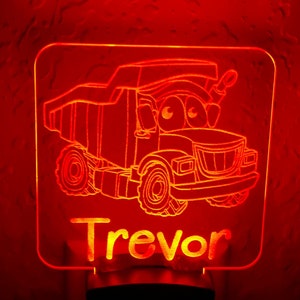 Personalized LED Dump Truck Night Light | 7 Color Changing | Plug in Night Light | Name Light | Children&#39;s Night Light | Kids Room Light