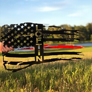 Personalized Tattered Thin Red Line American Flag Custom Metal Wall Art