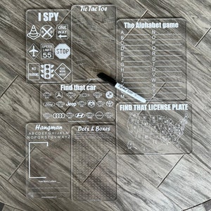 Acrylic Dry Erase Car Game Boards, Engraved Vehicle Travel Games, I Spy, Hangman, Dots & Boxes, Alphabet Game, License Plate Game