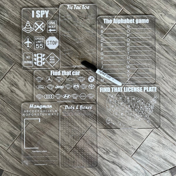 Acrylic Dry Erase Car Game Boards | Engraved Vehicle Travel Games | I Spy | Hangman | Dots & Boxes | Alphabet Game | License Plate Game