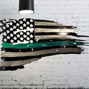 Tattered Thin Green Line American Flag Custom Metal Wall Art 24&quot;
