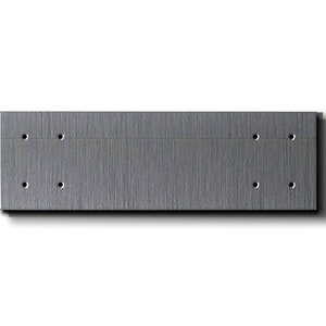 May include: A silver metal plate with six evenly spaced holes. The plate has a brushed finish.