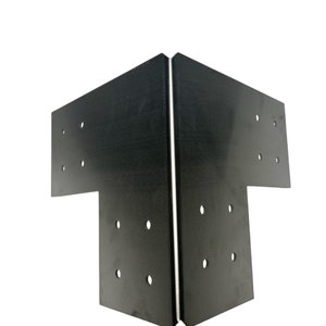 May include: Black metal corner brace with multiple holes for attaching wood beams. The brace is designed to reinforce corners and provide structural support.