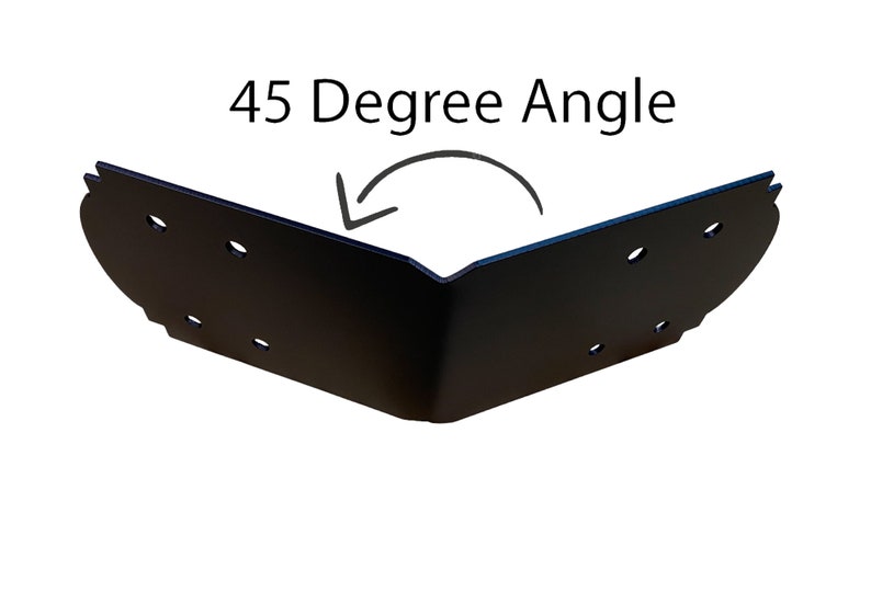 May include: Black metal corner brace with a 45-degree angle. The brace has five holes for attaching screws or nails.  The text "45 Degree Angle" is visible above the brace.