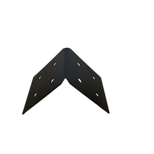May include: A black corner brace with multiple pre-drilled holes for screws. The brace is made of metal and has a right-angle shape, designed for joining two pieces of material at a 90-degree angle. Ideal for woodworking and construction projects.