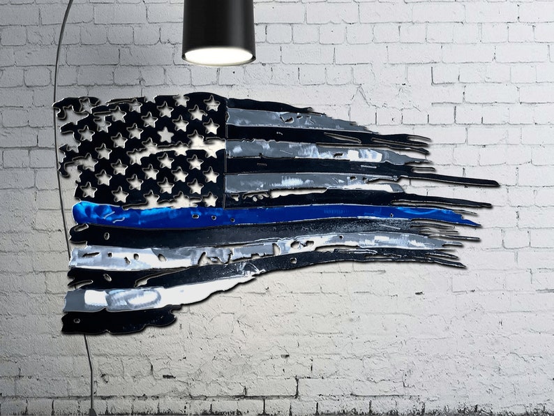 Tattered Thin Blue Line American Flag Custom Metal Wall Art Etsy
