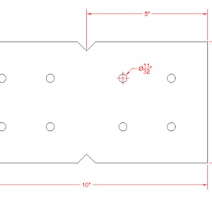 May include: Technical drawing of a rectangular plate with eight evenly spaced circular holes and a central hole. The plate is 10 inches long and 5 inches wide. The central hole has a diameter of 11/32 inches.