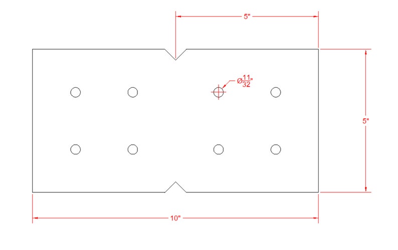 May include: Technical drawing of a rectangular plate with eight evenly spaced circular holes and a central hole. The plate is 10 inches long and 5 inches wide. The central hole has a diameter of 11/32 inches.