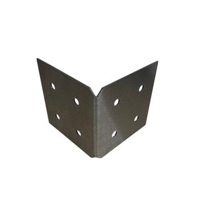 May include: A silver-colored, right-angle corner brace with six evenly spaced holes. The metal has a brushed texture, and the brace is designed to reinforce corners in woodworking or construction projects.