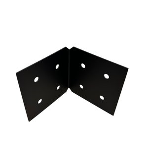 May include: A black metal corner brace with six pre-drilled holes. The brace is designed at a 90-degree angle, suitable for joining two surfaces. The finish is matte black, providing a clean, industrial aesthetic.