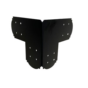 May include: Black metal corner brace with multiple holes for attaching wood. The brace has a decorative edge.