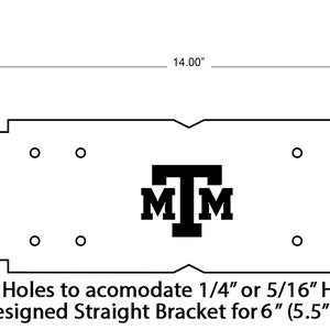 May include: Black and white line drawing of a straight bracket with four holes for hardware. The bracket is 14 inches long and 5 inches tall. The bracket is designed for 6 inch posts and has the letters "MM" and "T" in the center.