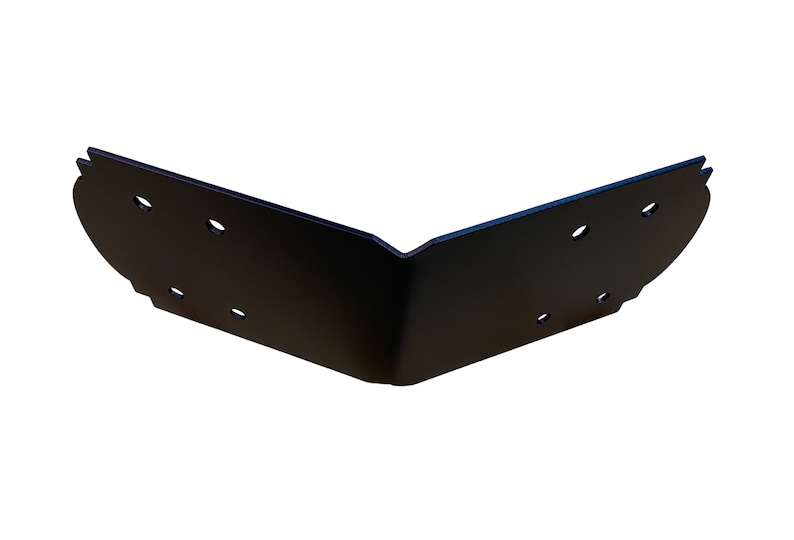 May include: Black metal corner brace with decorative edges and multiple holes for mounting.