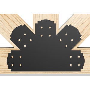 May include: Black metal corner brace with decorative details and multiple holes for attaching to wood. The brace is designed to reinforce a corner joint in a wooden structure.