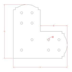 May include: A white metal bracket with eight holes, measuring 13 inches by 13 inches. The bracket has a curved top and a rounded corner on the right side.