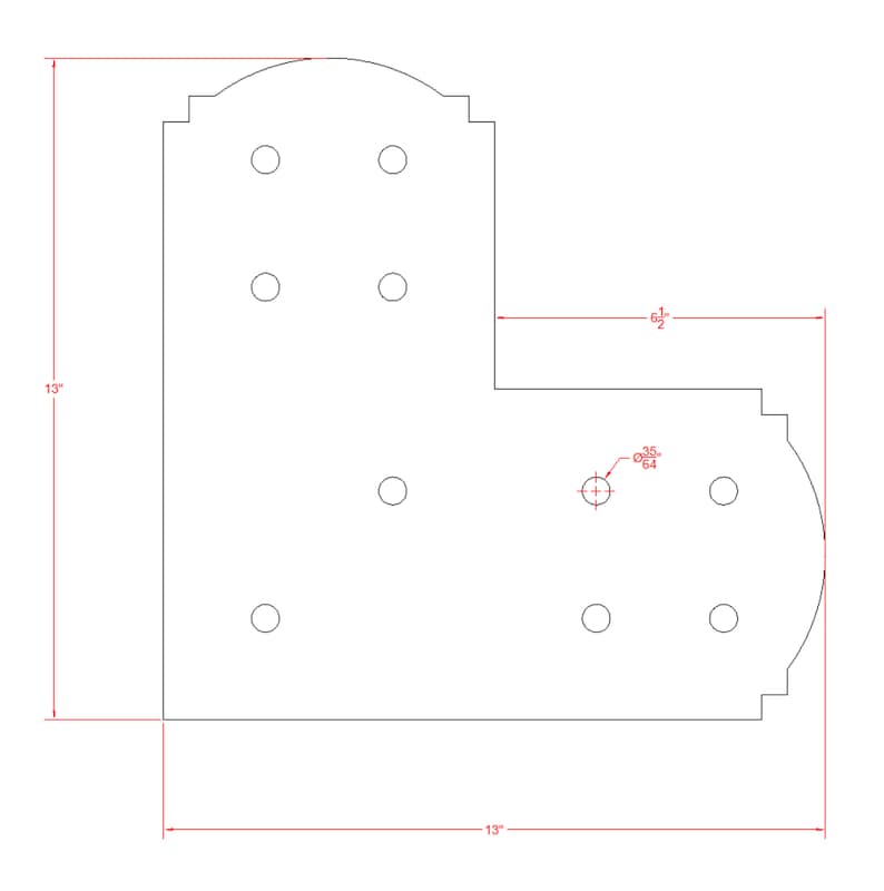 May include: A white metal bracket with eight holes, measuring 13 inches by 13 inches. The bracket has a curved top and a rounded corner on the right side.