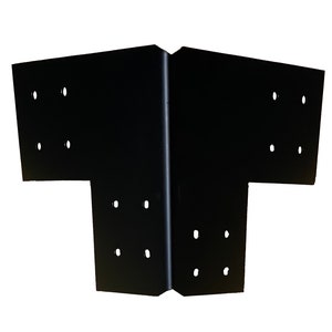 May include: Black metal corner brace with multiple holes for attaching wood beams. The brace is designed to reinforce corners and joints in construction projects.