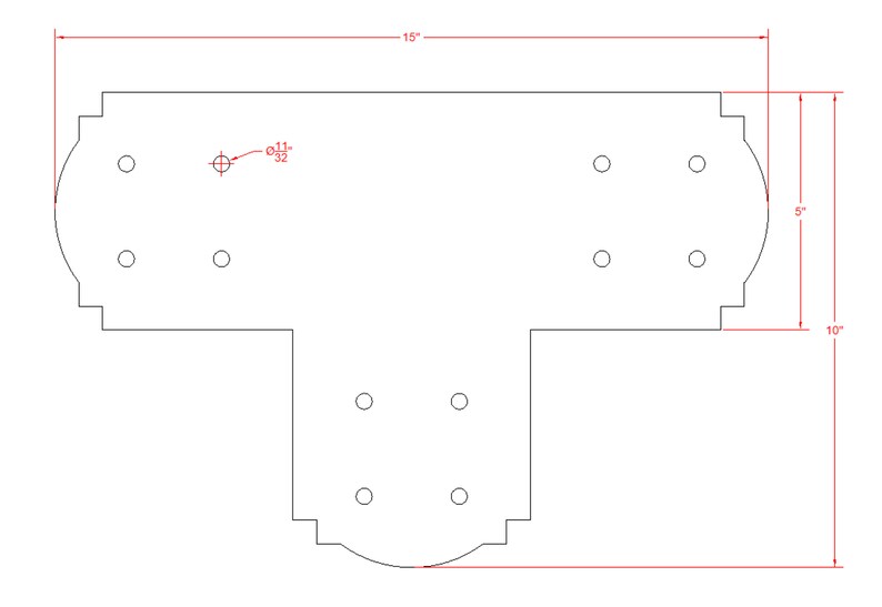 May include: A white metal bracket with eight holes for mounting. The bracket is 15 inches wide, 6 inches tall, and 10 inches deep. The bracket has a T-shape with a rounded top and bottom.