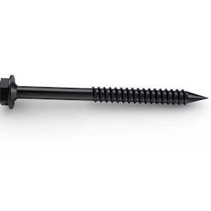 May include: A black metal screw with a square head and a pointed tip. The screw is designed for outdoor use and is made of durable materials.