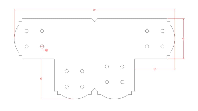 May include: A white metal template with a T-shape and rounded edges. The template has 14 holes in a grid pattern. The template measures 24 inches wide and 12 inches tall.
