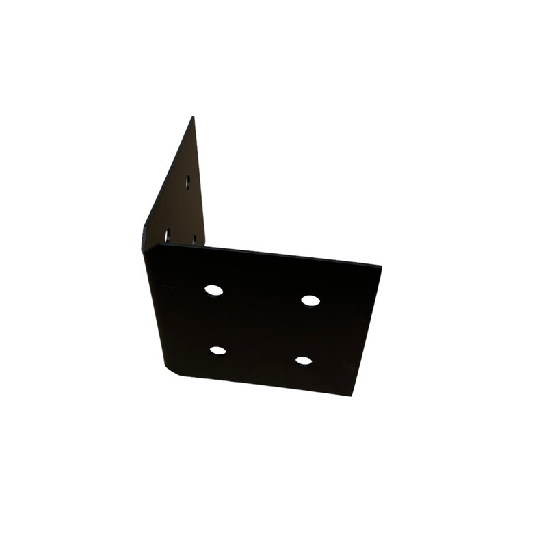 May include: A black metal corner bracket with four pre-drilled holes on one side and two on the other. The bracket is designed at a 90-degree angle, suitable for structural support in construction or furniture assembly.